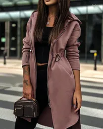 Jaquetas femininas casaco 2023 outono moda cordão zíper bolso design casual simples manga longa diário com capuz moletom