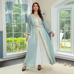 Roupas étnicas Mulheres Vestido de Noite Jalabiya Luxo Elegante Robes Duas Peças Conjunto Frisado Diamantes Cinto Muçulmano Médio Oriente Vestidos Abaya