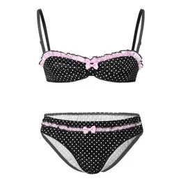 Men's Sissy Lingerie Set Polka Dot Print Bra And Briefs Panties Gay Satin Underwear Nightwear Men Erotic Crossdressing Costum274M