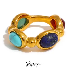 Solitaire Ring Yhpup Rostfritt stål Färgglada natursten Agate Cast Vintage Charm 2023 Fashion 316L smycken för kvinnor Textured Gift 231009