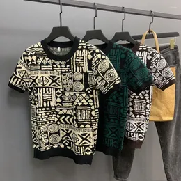 Erkekler Tişörtleri 2023 Crewneck Kazak Kısa Kollu Jacquard Kore Versiyon İnce Moda Kişilik Yarım Tişört Base Gömlek