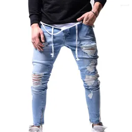 Mäns jeans 2023mens hip-hop hål rippade mager sidor randiga casual byxor smala passform män stretch cykler blyerts denim byxa byxa