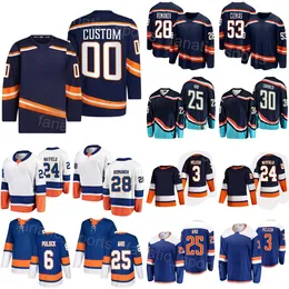 Hockey Team 24 Scott Mayfield Jerseys 30 Ilya Sorokin 25 Sebastian Aho 28 Romanov 53 Casey Cizikas 3 Adam Pelech 6 Ryan Pulock Stadium Navy WHite Custom Name Number