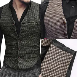 Coletes masculinos Mens Terno Colete V Pescoço Lã Marrom Singlebreasted Houndstooth Colete Casual Formal Business Groomman para Casamento 231010