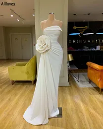 Modest White Sexy Evening Dresses for Women Dubai Arabic Kaftan Pleated Handmade Flower Formal Occasion Prom Gowns Strapless Reception Engagement Dress CL2772