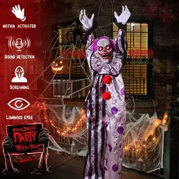 Andra evenemangsfestleveranser Halloween Animatronic Hanging Decoration Animated Talking Scary Clown With Chain Red Eyes Sound Q231010