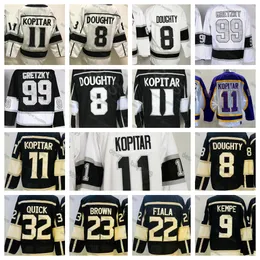 11 Anze Kopitar 8 Drew Doughty 22 Kevin Fiala 9 Adrian Kempe 99 Wayne Gretzky 32 Jonathan Quick 23 Dustin Brown 2023 리버스 레트로 하키 유니폼 검은 색 스티치 셔츠