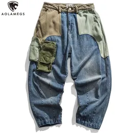 Aolamegs Jeans Men Patchwork Multi-Pounding Denim Pants Beggar Style Japanese Retro Jeans Autumn Street Street Men Men Streetwear 2285C