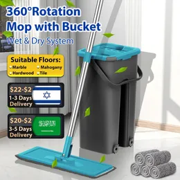 MOPS Flat Squeeze Mop med snurrhink Handfri Wringing Floor Cleaning Microfiber Mop Pads våt eller torr användning på lövlaminat 231009