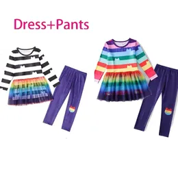 Set di abbigliamento Set di vestiti per gatti di cartoni animati Set di vestiti per neonate a maniche lunghe e pantaloni leggings Set di 2 pezzi Abiti per cosplay di carnevale a strisce arcobaleno per bambini 231010