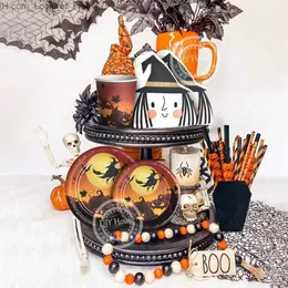 Inne imprezy imprezowe 1Set Halloween jednorazowe zastawa stołowa dynia Duch Witch Drukowane papierowe talerze do halloweenowych stolików domowych Dekoracje Q231010