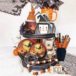 Outros suprimentos para festas de eventos 1 conjunto de utensílios de mesa descartáveis para Halloween, abóbora fantasma, bruxa, pratos de papel impressos, canudos para decorações de mesa de festa em casa de Halloween Q231010