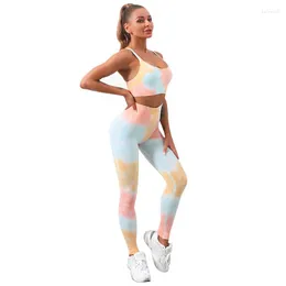 Conjuntos ativos tie tingido longo yoga terno conjunto feminino pescoço pendurado sutiã esportes calças de fitness das mulheres roupas leggings