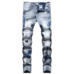 Jeans elasticizzati slim fit da uomo ricami stampati in 3D pantaloni denim da moto sfilacciati lavati skinny gamba dritta distrutti Hip Hop Biker M213o