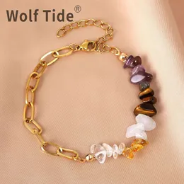 Wolf Tide 2024 Ny Natural Purple Crystal Stone Armband Rostfritt stål Dubbelpanel Länk Jordeletter Bangle For Women's Women's For Best Friends Charms estetic