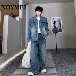 남성용 트랙 슈트 Noymei 2023 가을 정장 진주 리벳 장식 Denim Lapel Jacket Straight Wide Leg Jean Loose Set WA2949