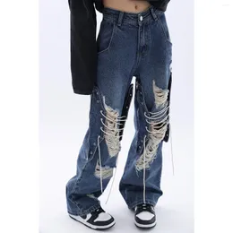 Dżinsowe dżinsy niebieskie wzornictwo rozryte Y2K Autumn Pantalones de Mujer Hip Hop High talia prosta luźna pokaz szczupłe spodnie