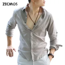 Whole- Zecmos Camicie di lino e cotone Uomo Camicia bianca estiva Camicie da uomo sociali Camicia casual ultra sottile Moda britannica C259Q