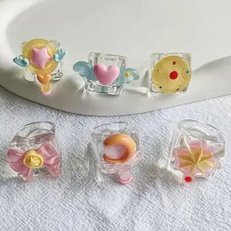 Cluster Rings Cute Cartoon Magic Wand Bow Candy Geometric Square Transparent Resin Ring For Women Beautiful Girl Party Sweet Jewelry Gifts