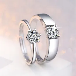 Anello da coppia in argento sterling 925 con zircone a sei mascelle, apertura regolabile, anello di fidanzamento da donna, gioielli da sposa 210507179L