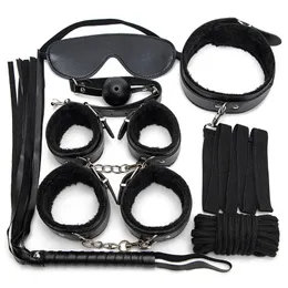 Bondage 7st Set Pu Leather Sexy Handcuffs Whip Rope Products rosa och svart bdsm sexleksaker för par Exotiska tillbehör 231010