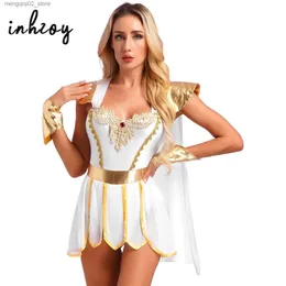 Costume a tema Donna Halloween Antica imperatrice romana Toga Come Mitologia Cosplay Dio greco Vestito operato Gonna petalo Body con braccialetti Q240307