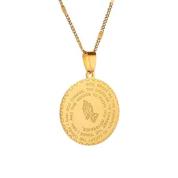 Colar com pingente de oração em aço inoxidável, verso da bíblia, joia cristã, mãos em oração, medalha de moeda, joia 242w