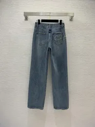 Kvinnors byxor höst och vinter jeans hög midja nödställda brev lös rak bred ben casual denim byxor