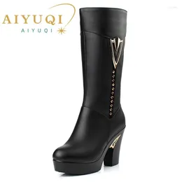 Boots AIYUQI Winter Women First Layer Of Leather High Heeled Genuine Gaotong Thick With Long Barreled Wool