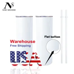 US/Kanada Warehouse Stock 20oz weißer, doppelwandiger, dichter, leerer Sublimationsbecher mit flachem Boden, Strohhalm und Deckel