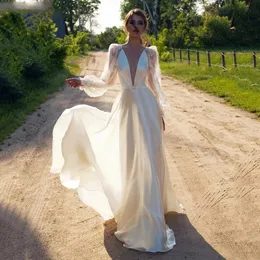 Chiffon A-Line Split Open Leg Wedding Dresses Spaghetti Straps spetsapplikationer V-Neck Bride Backless Beach Brudklänningar