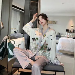 Ev Giyim 2023 Bahar V Boyun Kadın Pijamaları Set Baskı Plagwear Silk Nightee Boş Zaman Uzun Kollu Düğme Homewear Nightwear