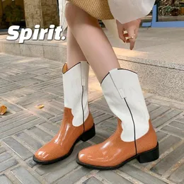 Boots 2023 Autumn Women Mid-calf Natural Leather 22-25cm Cowhide Pigskin Modern Mixed Color Square Toe Western