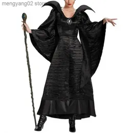 Theme Costume Women Plus Size Halloween Movie Deluxe Black Long Gown Evil Queen Witch Dress Cosplay Party Come with Horn Hat Headpiece T231011