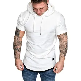 Herr t-shirts 2021 sommar kort sleve hooded t shirt män solid färg mode hoodie topp manlig smal fit tee topps camisa maskul236b