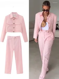 Dwuczęściowe spodnie damskie Pink Cropped Blazer Jacket Długie zestawy spodni kobiety Komórka jesienna prosta 2pcs Kobiece eleganckie stroje Ensemble Femme 2