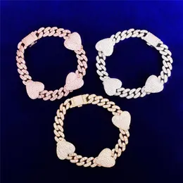 10mm 7 8 9 polegadas Pulseira Banhado A Ouro Bling Ice Out Coração CZ Pulseira Cubana Colar de Corrente para Homens Mulheres Hip Hop Jóias Whole270I