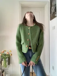 Kvinnors jackor kvinnor gröna tweed beskurna jackor o nacke långärmad kontor dam korta rockar kvinnlig höst vinter koreanska modejackor outwear 231010