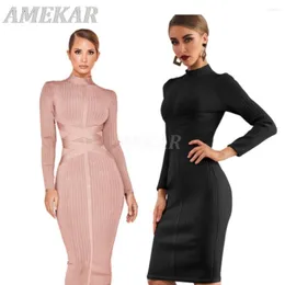 Casual jurken Dames Rayon Hoge kwaliteit Bodycon-jurk Coltrui Lange mouwen Veters Bandage Dame Elegant Geribbeld Knielengte Sexy