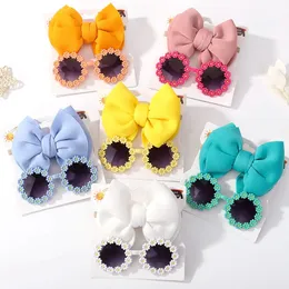 Hårtillbehör 2PCSSet Fashion Solid Color Bow Toddlers Elastic Band Solglasögon Set For Kids Sunshade Protective Glasses 231010