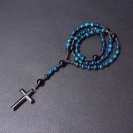 Chokers Blue Tiger Eye Stone Catholic Rosary Necklace Hematite Cross for Man Women Handmade Vintage Jewelry Dropship 231010