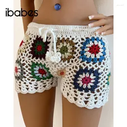 Damen-Shorts, Bohemian-Stil, handgestrickt, aushöhlen, für Damen, kariert, Patchwork, 2023, Sommerurlaub, Strand-Vertuschungen, sexy kurze Capris