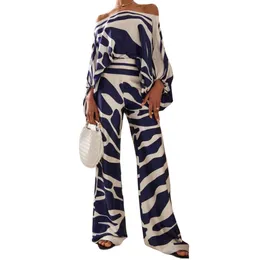 Lantern Sleeve Two Piece Set Women Casual Print Blouse Top and Wide Leg Pants Sets Free Ship