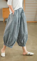 Women's Pants Cotton Linen Female Casual India Style Loose Wide Leg Bloomer Women Leisure Big Size Gingham Plaid Calf Length