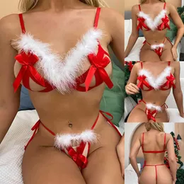 Sexy conjunto feminino sexy lingerie ver através do presente de natal rendas pijamas erótico cabido sexwear oco sutiã calcinha conjunto 18 + 230808