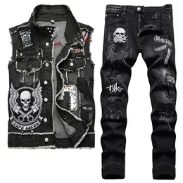 2022 Tracksuits Black Skull Semrodized Men Men اثنين من الجينز يضع أزياء سترة الدنيم من طية صدر السترة والفتحة الممزقة Punk341m