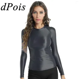 Women's T Shirts Women Metallic T-shirts Shiny Long Sleeve Tights Tighes TEE GLOSSY DISCO TOPS Slim Tshirt For Rave Party Dance Wear Yoga Sportwear