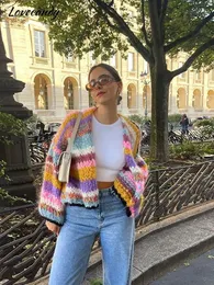 Women's Wool Blends Colorful Striped Crochet Knitted Sweaters Sweet Lantern Sleeve Loose Short Cardigan Autumn Fashion Streetwear Knitwears 231011