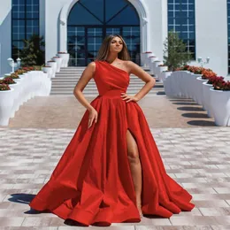 Dubai Arabic Cheap Simple Sexy Red A Line Prom Dresses One Shoulder High Split Formal Dress Evening Wear Party Gowns Prom Dress Cu302e