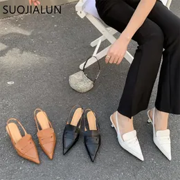 Chinelos suojialun 2023 primavera marca mulheres snadal moda apontou toe deslizamento em mules sapatos fino vestido de salto alto senhoras estilingue 231010